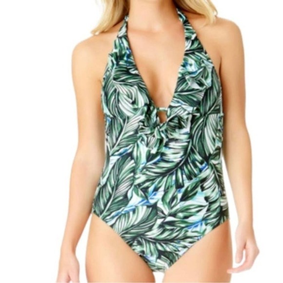 Other - NWT a.n.a Size M Tropical Leaf Print Ruffle Front One Piece Swimsuit